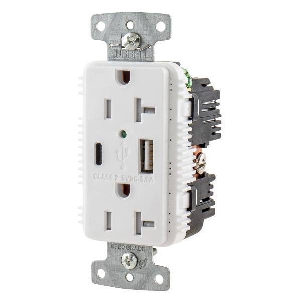 Hubbell Wiring® 20 Amp 125 Volt USB A/C Tr Duplex Receptacle White