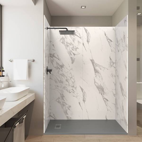 Castico 60x36x84" Alcove Solid Composite Stone Shower Kit - Carrara Walls