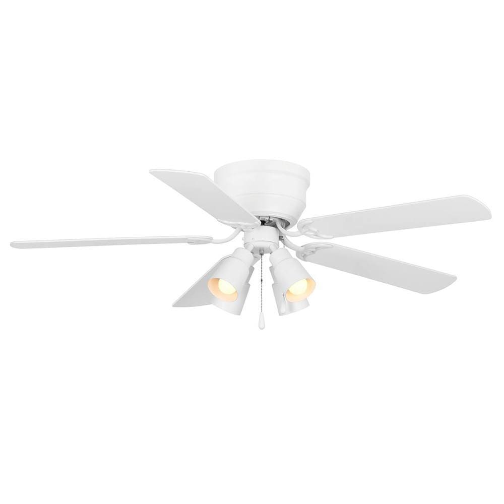 Seasons Montara 52 In. Matte White Indoor 5 Blade LED Ceiling Fan, Quick Install, Flush Mount, Blades Oak, Matte White