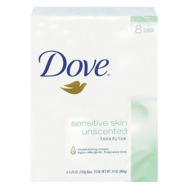 Dove Sensitive Skin Bath Bar, 4.5 Oz Bar, Unscented, 8 Bars/Pack, 9 Packs/Carton