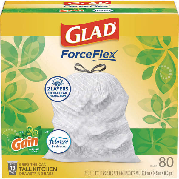 Forceflex Kitchen Drawstring Trash Bags, 13 Gal, Gain Original Scent, 24 X 27.38, White, 80/Box