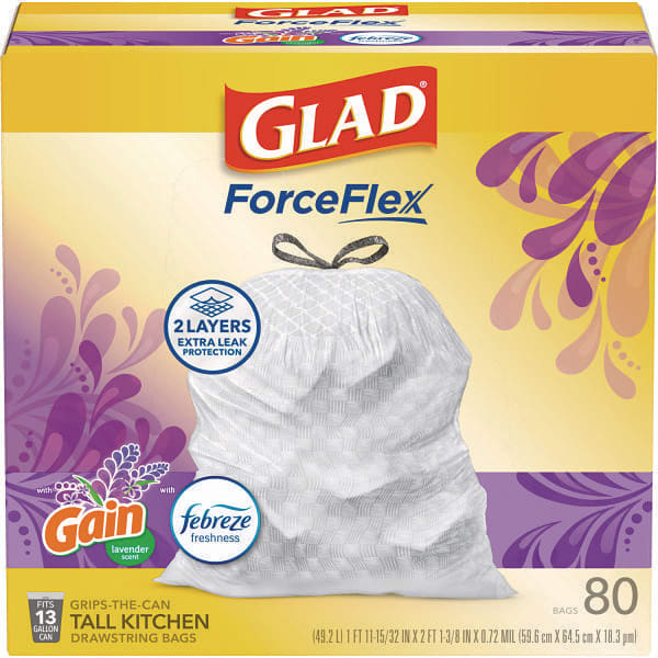 Forceflex Kitchen Drawstring Trash Bags, 13 Gal, Gain Lavender With Febreze Freshness, 24 X 27.38, White, 80/Box
