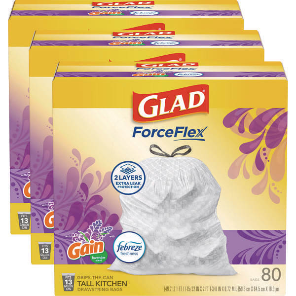 Forceflex Kitchen Drawstring Trash Bags, 13 Gal, Gain Lavender Scent, 24 X 27.38, White, 80 Bags/Box, 3 Boxes/Carton