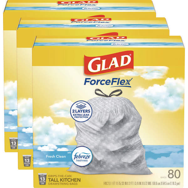 Forceflex Kitchen Drawstring Trash Bags, 13 Gal, Fresh Clean Scent, 24" X 27.38", White, 80 Bags/Box, 3 Boxes/Carton