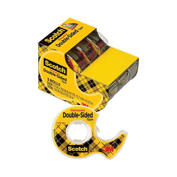 Scotch Double-Sided Permanent Tape-Handheld Dispenser 1" Core Clear Package Of 3