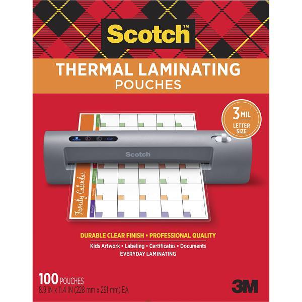 Scotch Letter Size Thermal Laminating Pouches 9"X11.5" 3 Mil Package Of 100