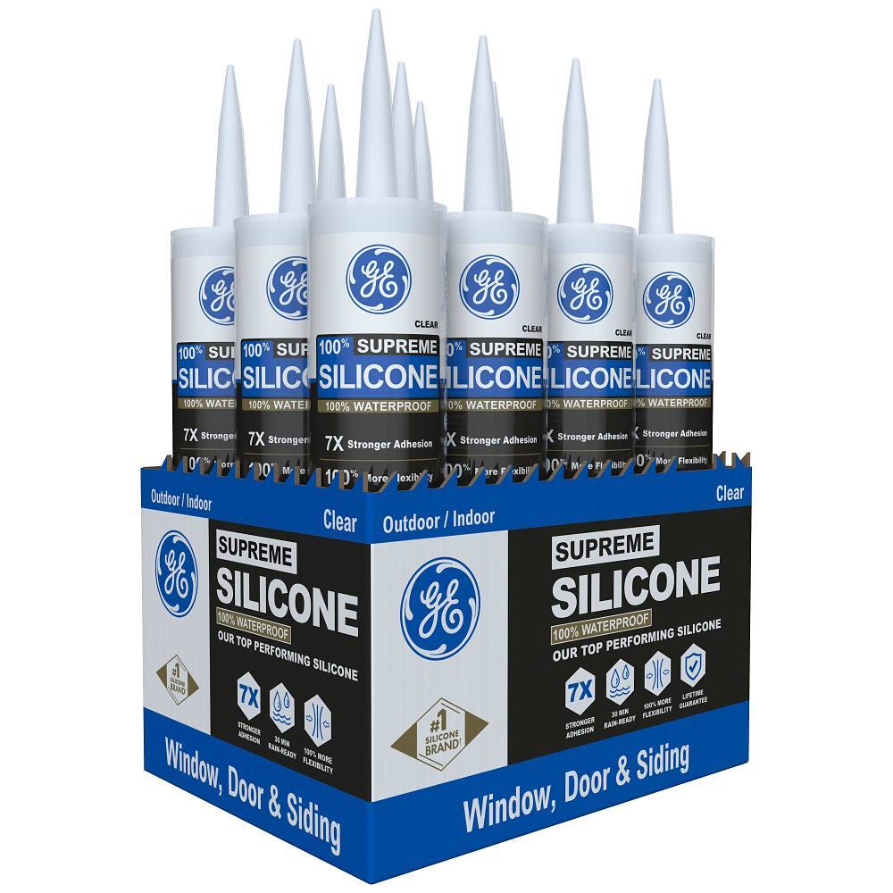GE 10.1 Oz Supreme Silicone Window And Door Sealant, Clear, Case Of 12