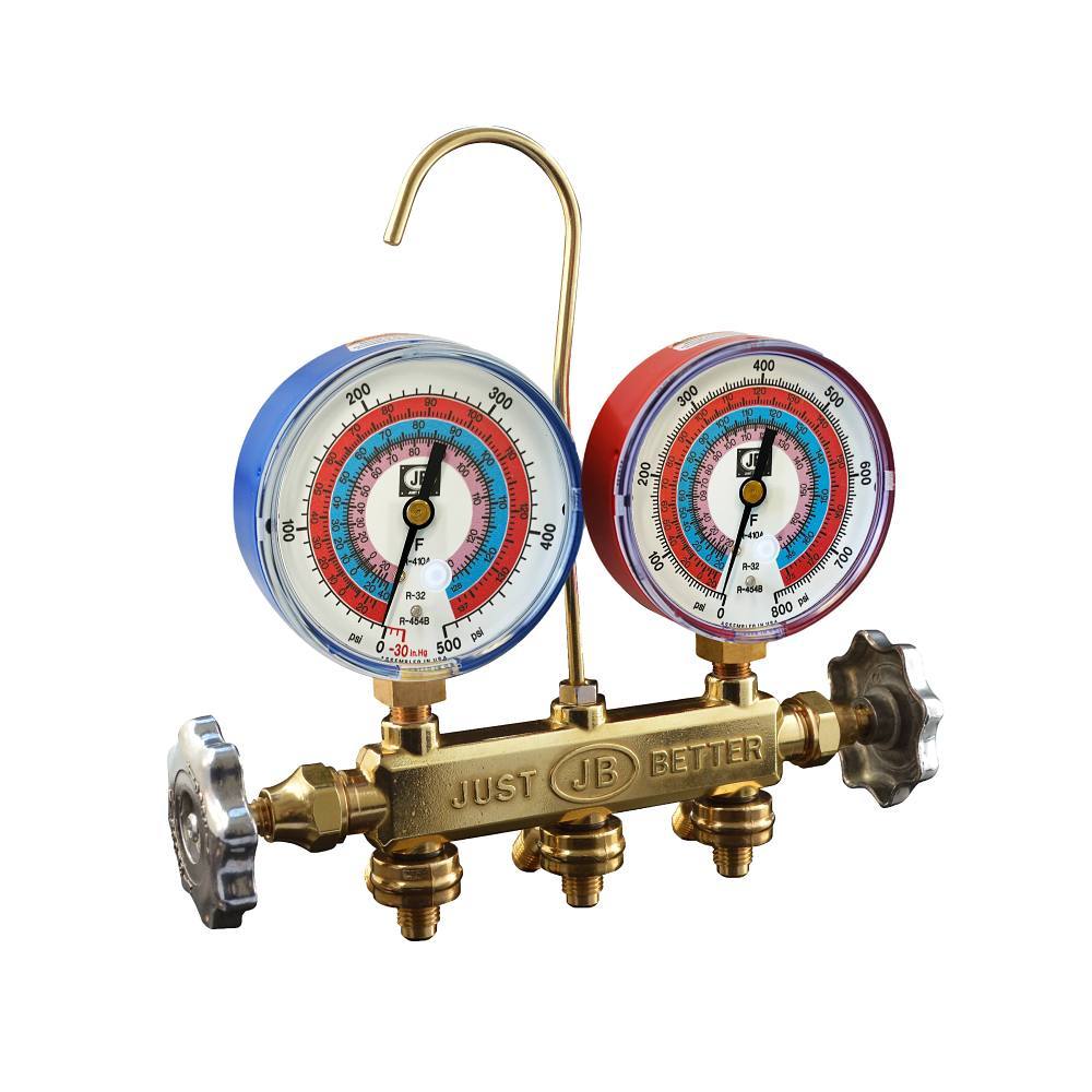 JB Indsutries Patriot A2l Gauges 2-Valve Brass Manifold, R410a, R32, R454b