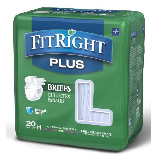 Medline Brief, Clothlike, Fitplus, Size Large, 48" To 58", Case Of 80