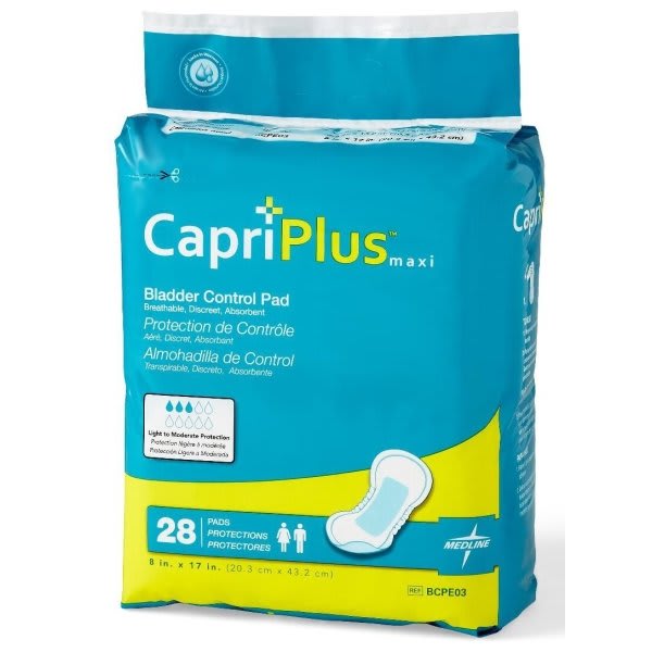 Medline Liner Incontinent Capri Plus Bladder Control Pads, 8x17", Bag Of 28