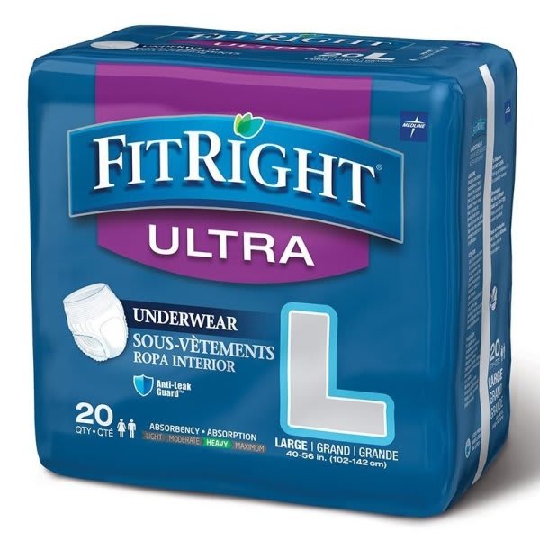 Medline Underwear, Protective, Ultra, Large 40" To 56", Bag Of 20