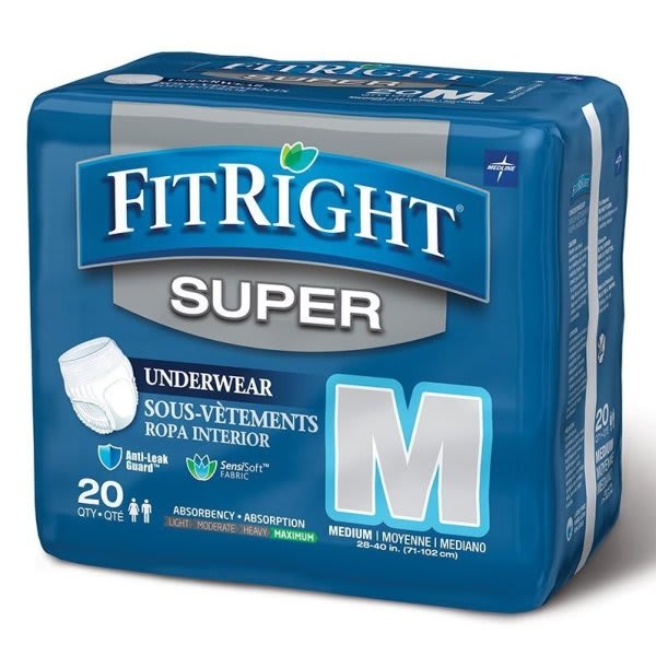 Medline Underwear, Super Protective, Ultra, Medium 28" To 40", Bag Of 20