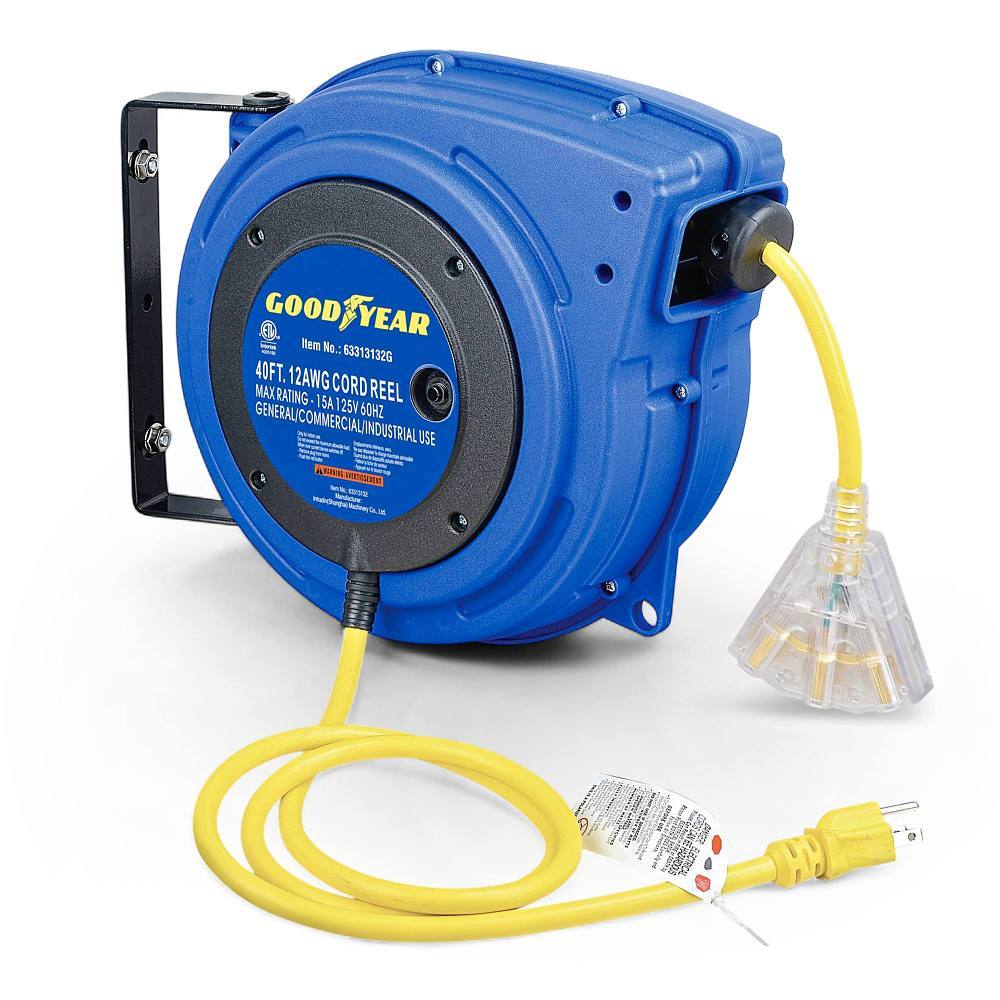 Goodyear Retractable Extension Cord Reel, 3 Grounded Outlets, 12/3, 15 Amp, 40'