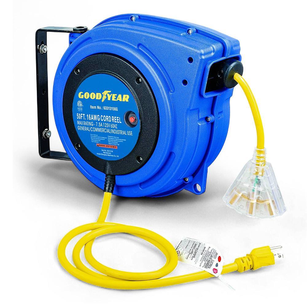 Goodyear Retractable Extension Cord Reel, 3 Grounded Outlets, 16/3, 10 Amp, 50'