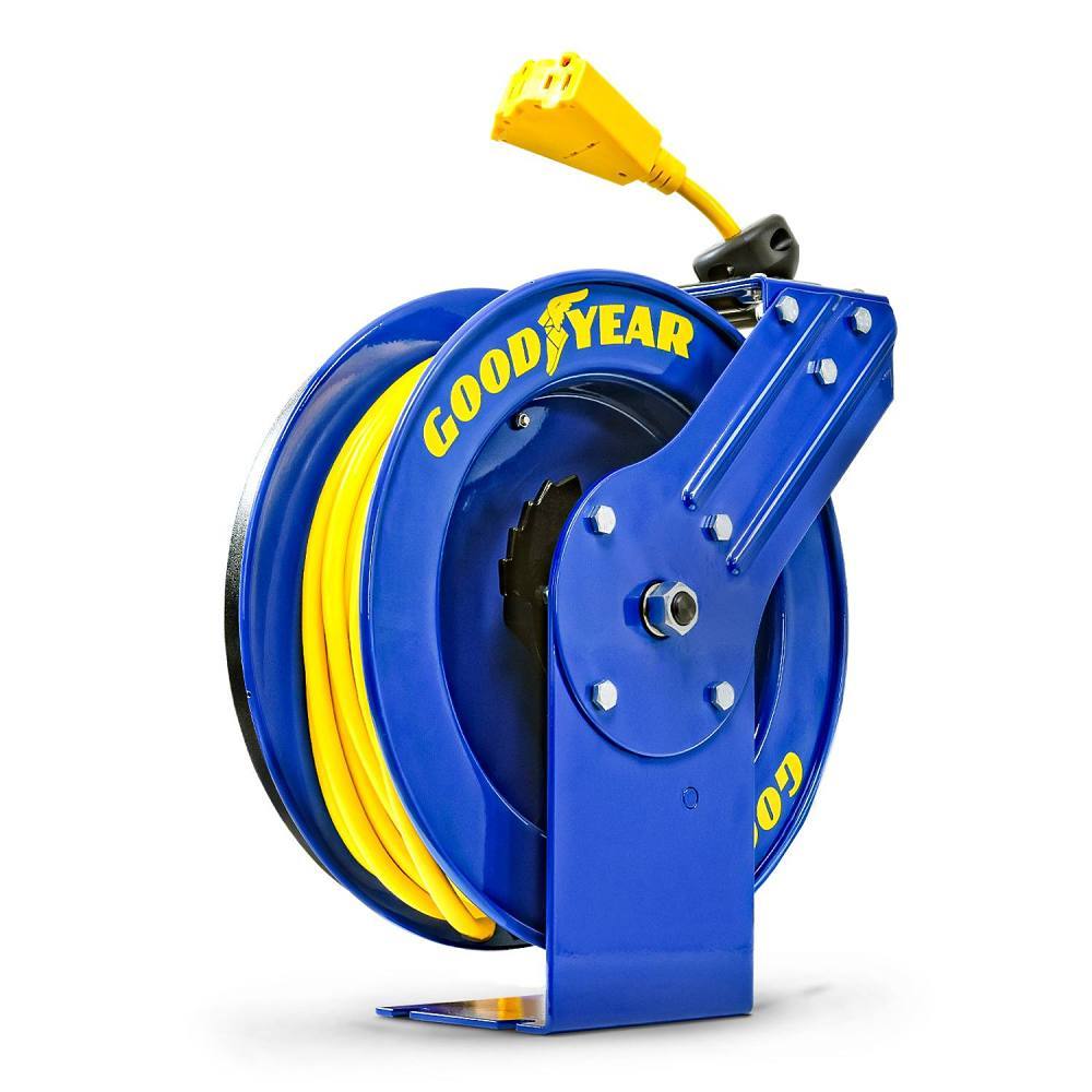 Goodyear Retractable Extension Cord Reel, 3 Grounded Outlets, 12/3, 15 Amp, 80'