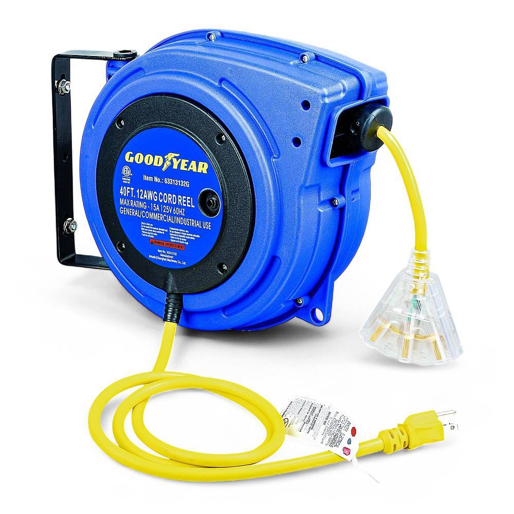 Goodyear Retractable Extension Cord Reel, 3 Grounded Outlets, 14/3, 13 Amp, 40'