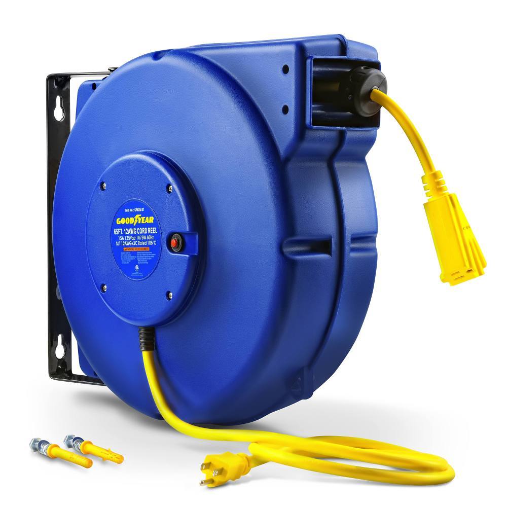 Goodyear Retractable Extension Cord Reel, 3 Grounded Outlets, 12/3, 15 Amp, 65'