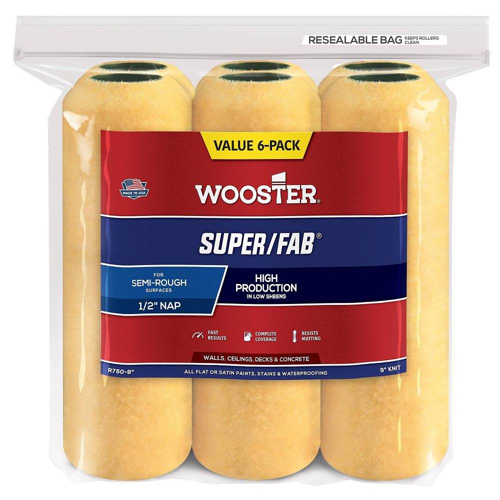 Wooster 9" Super/Fab 1/2" Nap Roller Cover, Package Of 6