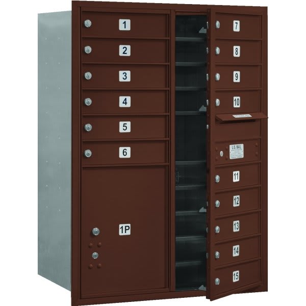 Salsbury Industries® Horizontal 4c Mailbox, 15 Boxes/1 Parcel Locker, Bronze