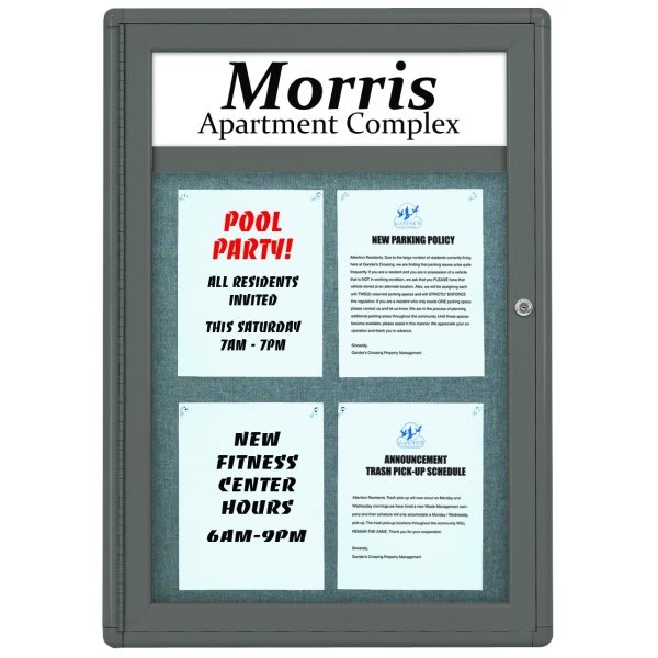 Enclosed Single Door Indoor Bulletin Board, Wall Mount, Gray, 24 X 34"