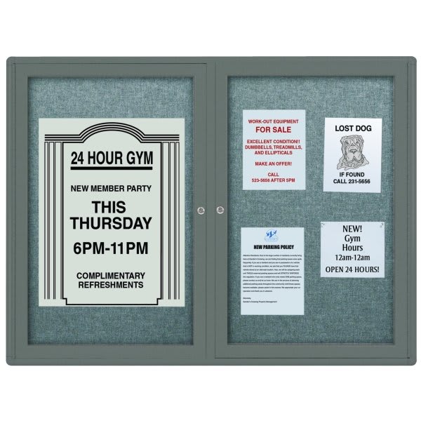 Enclosed Double Door Indoor Bulletin Board, Wall Mount, Gray, 47 X 34"