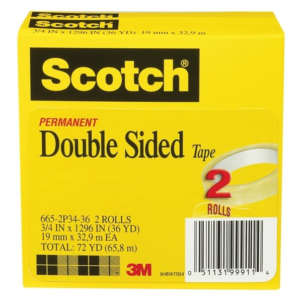 Scotch® Clear 665 Permanent Double-Sided Tape 3/4" X 108', Package Of 2