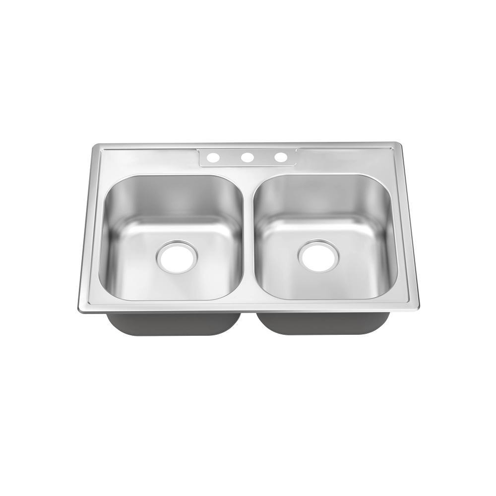 Seasons 33 In. Drop-In Double Bowl Stainless Steel Kitchen Sink, 20 Gauge, 3 Hole