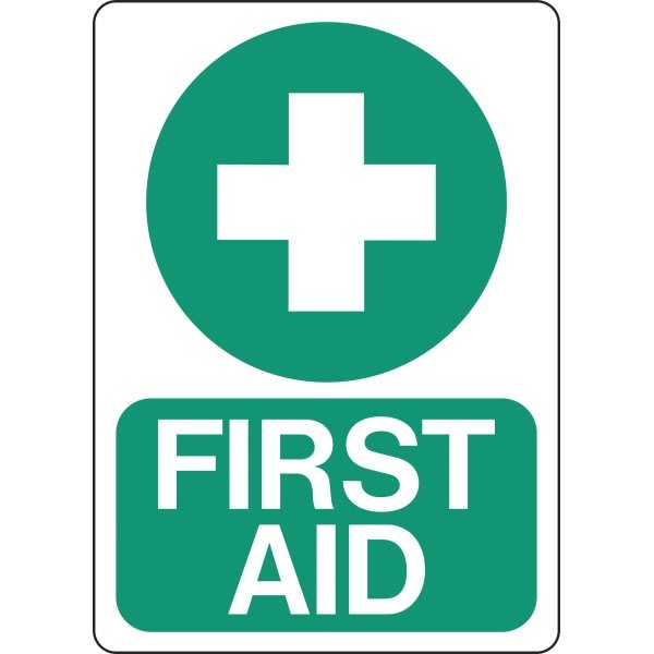 Hy-Ko "First Aid" Sign, White/Green Plastic, 10" X 6", Package Of 5
