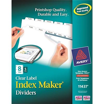 Avery Dennison AVERY INDEX MAKER CLEAR LABEL DIVIDERS, 8-TAB, LETTER, WHITE, 5 SETS