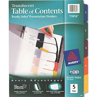 Avery Dennison AVERY READY INDEX TABLE/CONTENTS DIVIDERS, 5-TAB, LETTER, ASSORTED, 5/SET