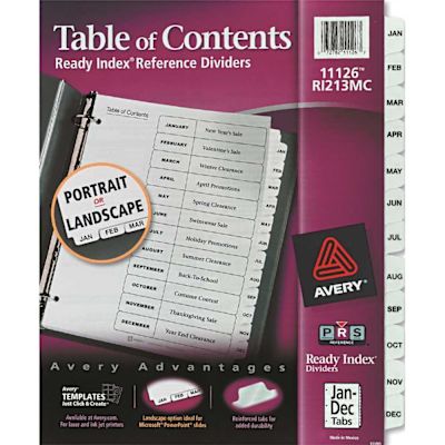 Avery Dennison AVERY READY INDEX CLASSIC TAB TITLES, 12-TAB, JAN-DEC, LETTER, BLACK/WHITE, 12/SET