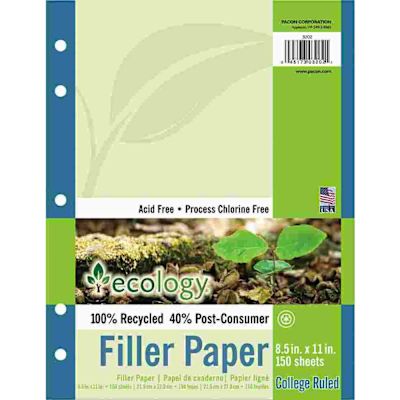 PACON CORPORATION ECOLOGY FILLER PAPER, 16-LB., 8-1/2 X 11, COLLEGE RULED, WHITE, 150 SHEETS/PACK
