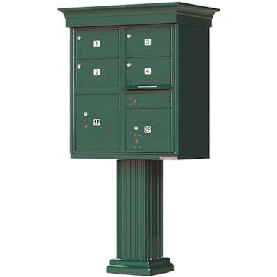 Florence USPS Delivery Pedestal Mounted vogueâ„¢ Classic Cluster Box Unit with 4 Mailboxes, 2 Parcel Lockers in Forest Green