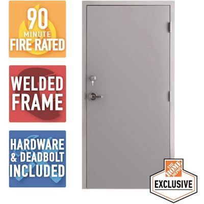 36 in. x 84 in. Fire-Rated Gray Left-Hand Flush Steel Prehung Commercial Door with Welded Frame, Deadlock and Hardware