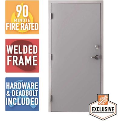 36 in. x 84 in. Fire-Rated Gray Right-Hand Flush Steel Prehung Commercial Door with Welded Frame, Deadlock and Hardware