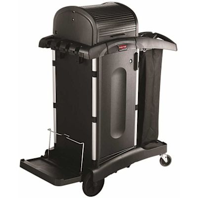 Executive Janitorial Black Plastic Cleaning Cart with Doors and Hood - High-Security