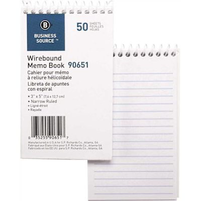 Business Source 3 in. x 5 in. Wirebound End Opening Wire Memo Book, White (50-Sheets)