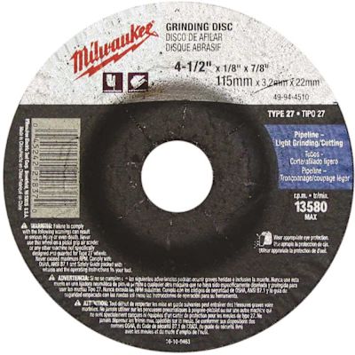 Milwaukee 4-1/2 in. x 1/4 in. x 7/8 in. Grinding Wheel (Type 27)
