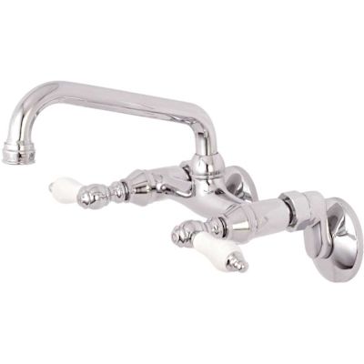Kingston Brass Adjustable Center Porcelain 2-Handle Wall-Mount Standard Kitchen Faucet in Chrome