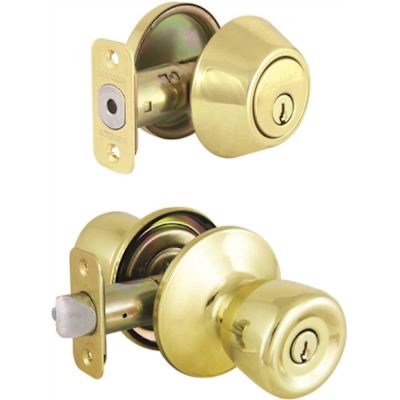 Defiant Waterbury Polished Brass Keyed Entry Knob and Single Cylinder Deadbolt Combo Pack with a KW1 Keyway Keyed Differently