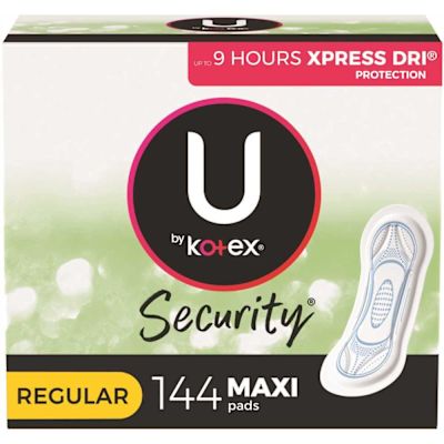 U by Kotex Security Maxi Feminine Pads, Regular Absorbency, Unscented, 144 Count