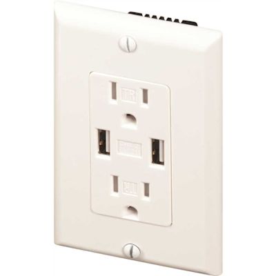 Maintenance Warehouse 15 Amp Duplex Receptacle Tamper Resistant With 2 USB Ports - 3.0A- White