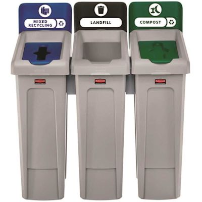 RUBBERMAID COMMERCIAL Slim Jim Recycling Station 3-Stream Landfill 23 Gal