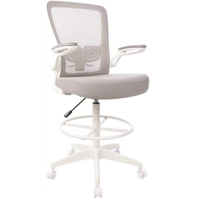 Boss Office Products Wht Frame Draft Chair-Gray Mesh-Fab Upholstery-Seat Cushion