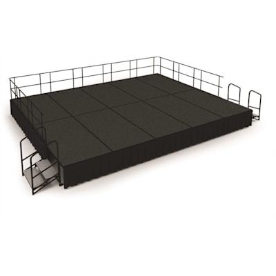 National Public Seating 16'x20'x24" Stage, Shirr Pleat Black Skirt, Grey Carpet