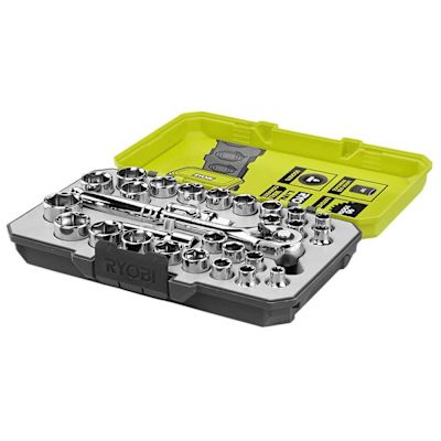 RYOBI 3/8" Drive Rachet And Socket Set With Case, 28 Piece