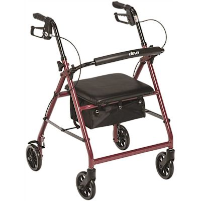 Drive Medical Design Healthcare Aluminum Rollator, 6" Casters, Padded Seat, Red
