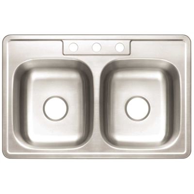 Premier Stainless Steel 33 in. 3-Hole Double Bowl Drop-In Kitchen Sink with Brush
