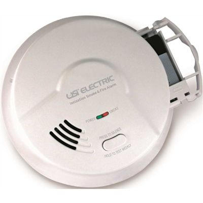 USI ELECTRIC DIRECT WIRE IONIZATION SMOKE AND FIRE ALARM WITH 9-VOLT BATTERY BACKUP, 120 VOLTS