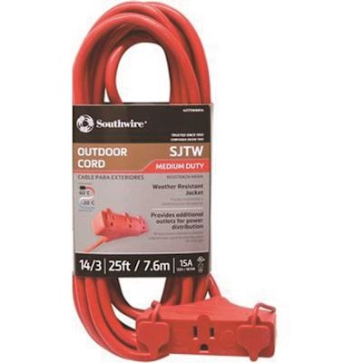 Southwire 25 ft. 14/3 Outdoor Triple Outlet SJTW Extension Cord, Red